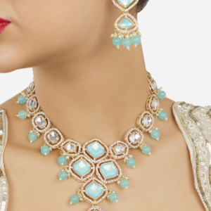 Gold Plated Austrian Diamond Studded & Beaded Necklace And Earrings