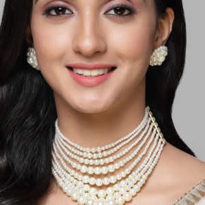 Gold Plated Pearl Beaded Choker Necklace & Earrings